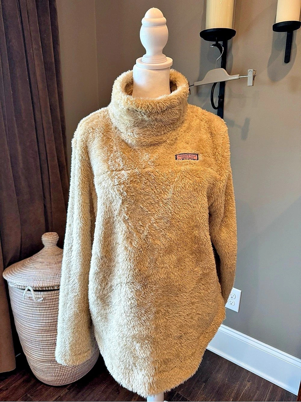 Vineyard Vines Sherpa Fleece Cowl Neck Pullover Tan Beige